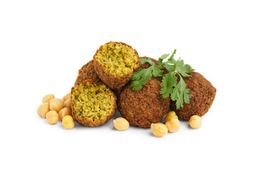 Delicious falafel balls, chickpea and parsley on white background