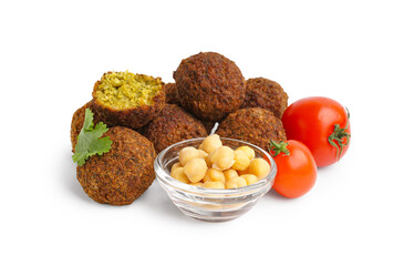 Delicious falafel balls, tomatoes and chickpea on white background