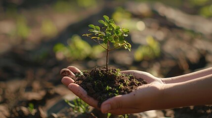 hand holding small tree for planting. concept green world earth day, generative ai