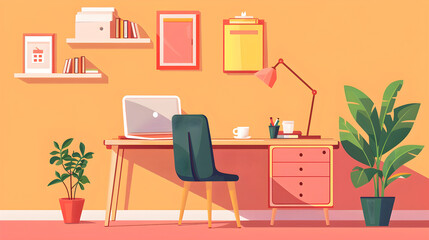 Minimalist Home Office Setup with Laptop, Books, and Plant in Flat Illustration Style