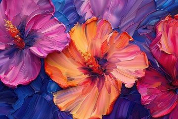 A painting of three flowers with orange petals and blue background. The painting is full of color and has a vibrant, lively feel to it