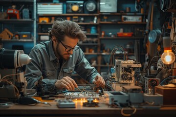 Person soldering in a tech-filled workshop