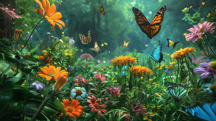 A lush garden filled with vibrant flowers and dozens of butterflies of various species