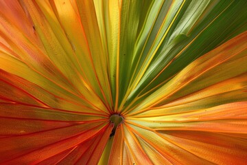 A close up of a leaf with a yellow center and green veins. The leaf is in a bright orange and green color