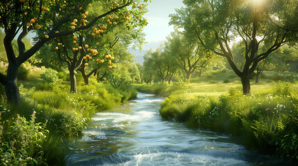 A lush orchard by a gently flowing river, with trees heavy with ripe fruit