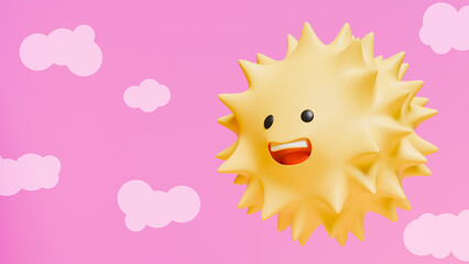Obraz premium Pink stage with clouds and a smiling sun with black eyes, theme of happiness and sunny day