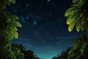 Fototapeta premium Panoramic view of lush rainforest or starry night sky. 
