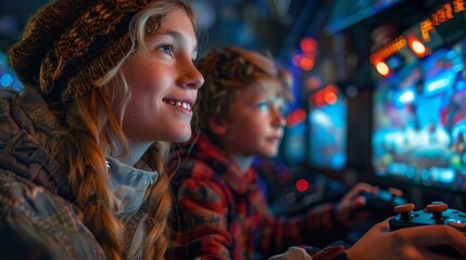 Two children, fully engaged, play video games in the vibrant, illuminated atmosphere of an arcade
