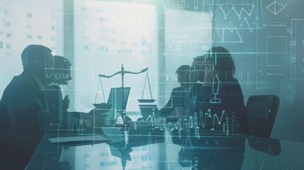 Lawyer and legal business office. Illustration of a double exposure background of people meeting in an office room with silhouette of court scales.