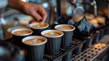 Efficient Delivery in Modern Hospitality Woman Placing Disposable Coffee Cups in Takeaway Bag