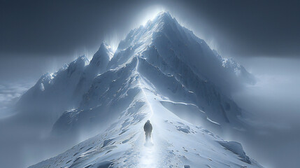 Silhouette of an Adventurous Climber Ascending a Snow-Covered Mountain Peak