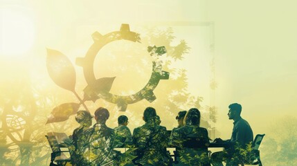 Net zero theme Silhouettes of people having a discussion with a double exposure effect of plants on the theme of sustainability and greening with cog gear elements.