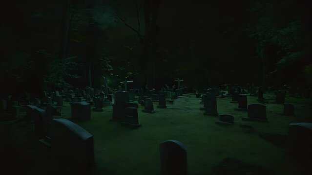 Quiet and Eerie Graveyard at Night Under Moonlight With Dense Trees