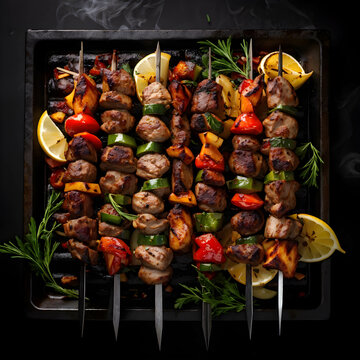 Charcoal-grilled barbecue skewer brimming with juicy meats and a medley of vibrant vegetables.