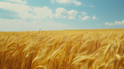 A vast field of golden wheat swaying gently in the breeze under a bright summer sky 