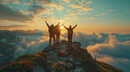 Three People Holding Hands on Mountain Top, Celebrating Success