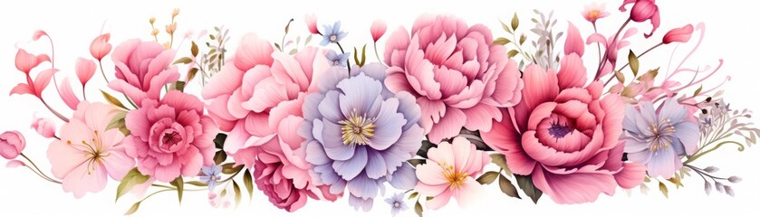 Beautiful watercolor floral arrangement with pink, purple, and white flowers, perfect for wedding invitations, greeting cards, and decoration.