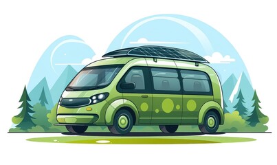 Electric vehicle with solar panels illustration flat design front view green energy theme cartoon drawing Analogous Color Scheme