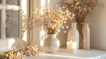 vintage floral decor, a dried flower wreath on a white wall imparts whimsical and vintage charm, enhancing the rooms aesthetic appeal with a lovely decorative touch