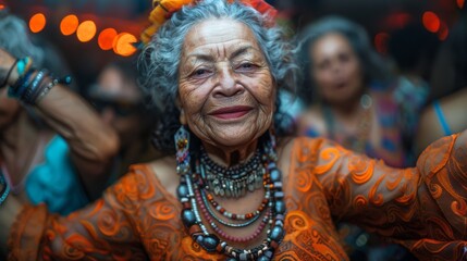 Senior woman in cultural attire and jewelry shows joy and vitality at a party