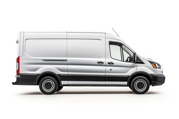 white delivery van side view on isolated empty background for mockup.  White Delivery van with space for text isolated over on empty background. 