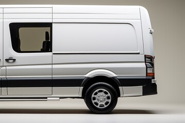 white delivery van side view on isolated empty background for mockup.  White Delivery van with space for text isolated over on empty background. 