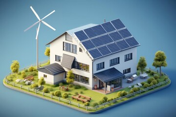Obraz premium Energy efficiency with solar panels and wind turbines illustration flat design top view hybrid energy theme 3D render Monochromatic Color Scheme