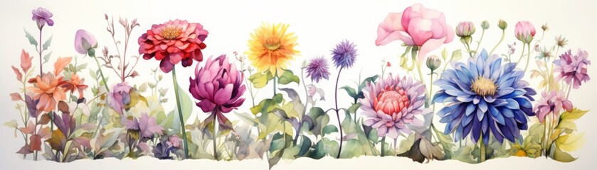 Fototapeta premium Beautiful watercolor illustration of colorful flowers in a garden, showcasing vibrant blooms and delicate leaves against a light background.