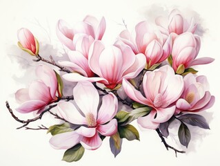 Beautiful watercolor illustration of pink magnolia flowers in full bloom, capturing their delicate petals and natural elegance.