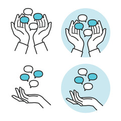 吹き出しのアイコンを手のひらに載せて、コミュニケーションを表現するシンプルイラスト