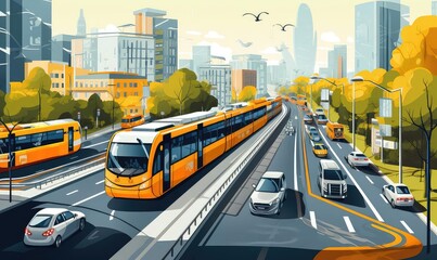 Energy saving public transportation illustration flat design top view urban mobility theme animation vivid
