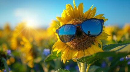 A sunflower with sunglasses on its face, concept of joy and happiness with good summer mood