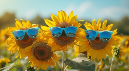 Three sunflowers wearing sunglasses and looking at the camera, concept of joy and happiness with good summer mood