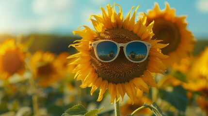 A sunflower with sunglasses on its face is in a field of sunflowers, concept of joy and happiness with good summer mood