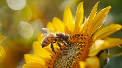 A bee is hovering over a yellow flower, sunflower background