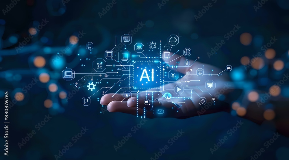 Poster artificial intelligence concept with a glowing ai icon on a digital interface above an open hand, re