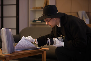 Male spy with photo camera inspecting place at night