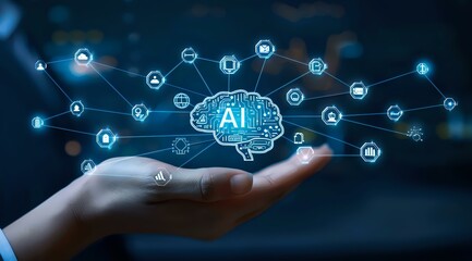 Obraz premium Artificial intelligence concept with a glowing AI brain icon on a digital network above an open hand, symbolizing innovation and technology. Ideal for tech articles, AI research, and futuristic presen