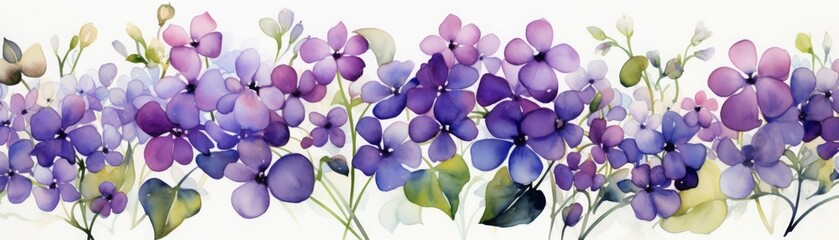 Beautiful watercolor painting of purple flowers blended harmoniously with green foliage, creating a serene and vibrant floral artwork.