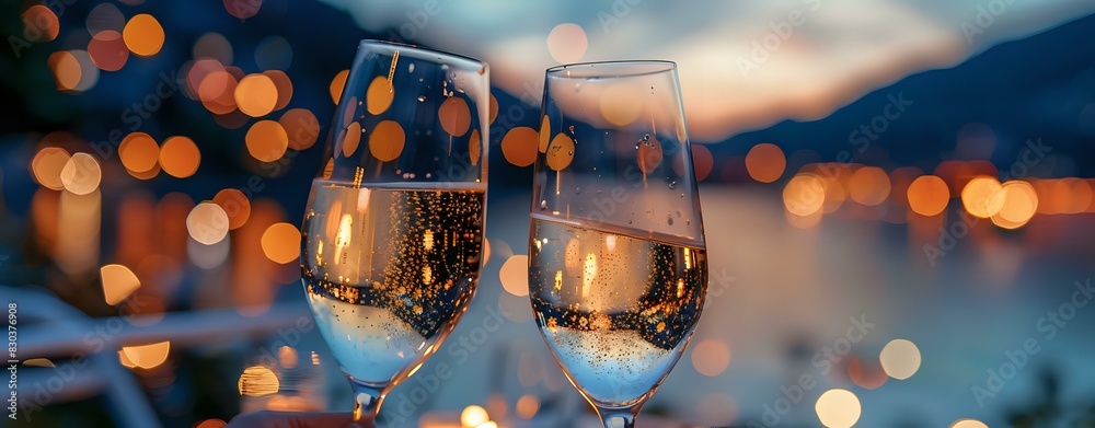 Wall mural close-up of two champagne glasses against a lakeside sunset backdrop with bokeh lights, perfect for 