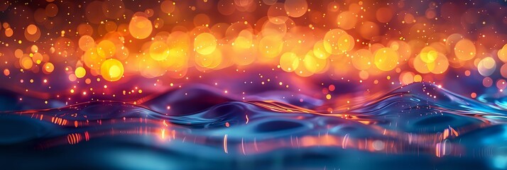 Abstract image with vibrant colors of blue waves and glowing orange bokeh lights, perfect for artistic projects, creative backgrounds, and digital designs.