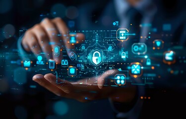 Fototapeta premium Businessperson interacting with a digital interface, showcasing cybersecurity and data protection icons, perfect for tech presentations, cybersecurity campaigns, and digital security solutions.