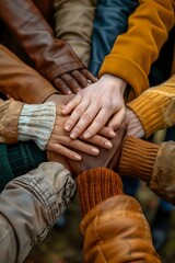 Fototapeta premium Diverse group of hands stacked together in a show of unity and teamwork, perfect for promoting diversity, collaboration, and community initiatives.