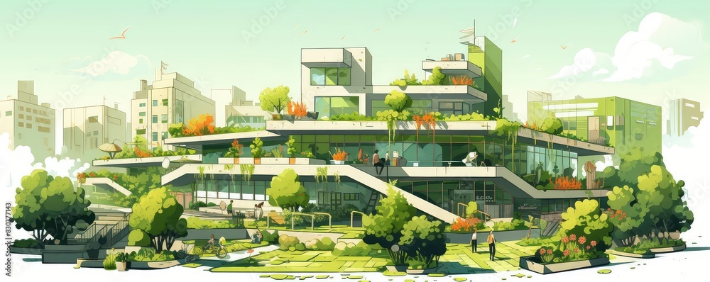 Wall mural Green building rooftop garden illustration flat design top view sustainable design theme cartoon drawing colored pastel