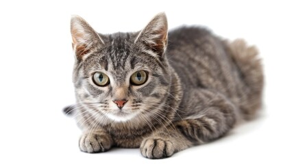 Fototapeta premium A cat laying down on a white surface, perfect for pet-related designs