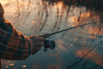 A person holding a fishing rod near a body of water. Suitable for outdoor and fishing related designs