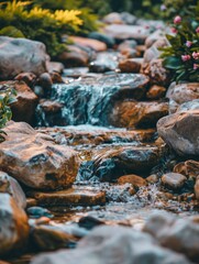 Obraz premium water flowing between rocks in the garden. generative AI