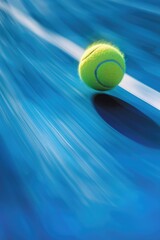 A tennis ball on a blue tennis court. Ideal for sports and recreational designs