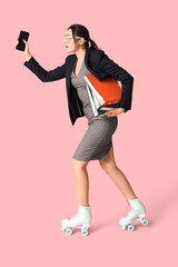 Stressed businesswoman on roller skates with phone and documents against pink background. Concept...