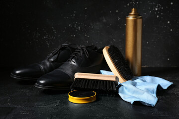 Brushes, shoes, cloth and shoe polish on black background